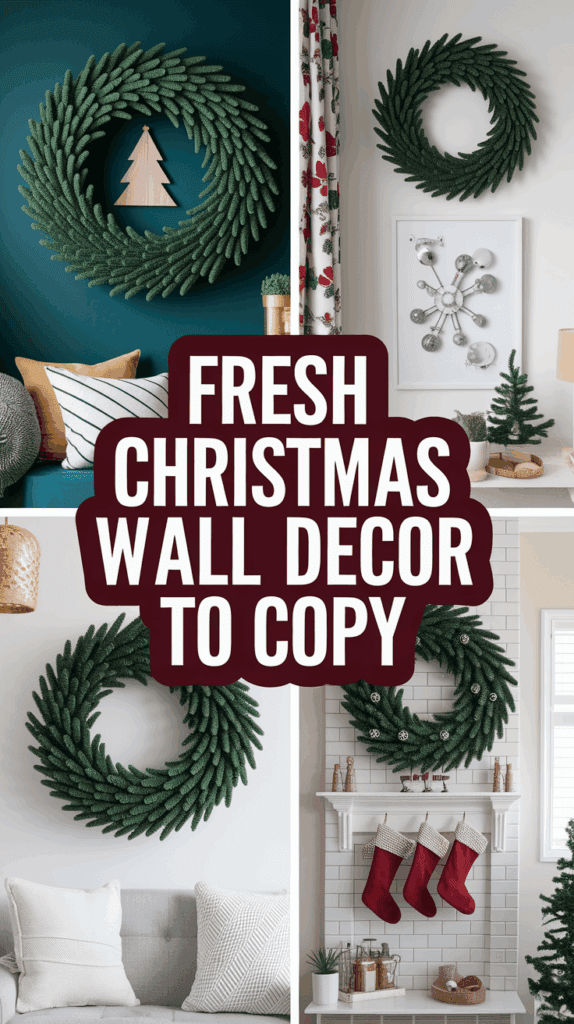 Four holiday-themed interior settings, each featuring a decorative green wreath. Top left shows a wreath with a wooden tree center on a teal wall. Top right depicts a wreath on a light wall with floral curtains and a metallic decor below. Bottom left displays a wreath on a white wall above a couch. Bottom right illustrates a wreath with red stockings hanging from a mantel. Bold text overlay reads 'Fresh Christmas Wall Decor to Copy.'