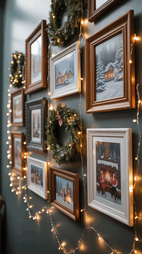 A wall decorated with framed winter-themed paintings and Christmas wreaths, surrounded by warm white string lights that create a festive ambiance.