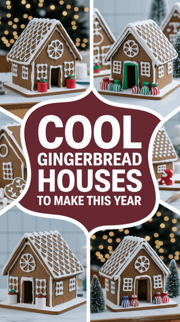 A collage featuring various gingerbread houses decorated with icing and candies, surrounded by text reading 'Cool Gingerbread Houses to Make This Year.' Each house has intricate icing designs on the roof and walls, complemented by festive candy decorations.