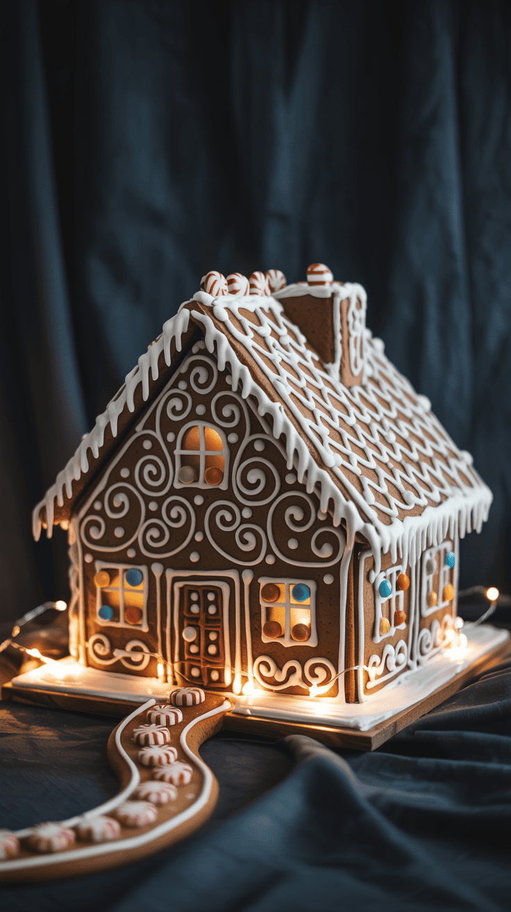 A decorative gingerbread house covered in white icing and colorful candy, with a fondant walkway lined with peppermint candies, illuminated by a string of lights on a dark background.