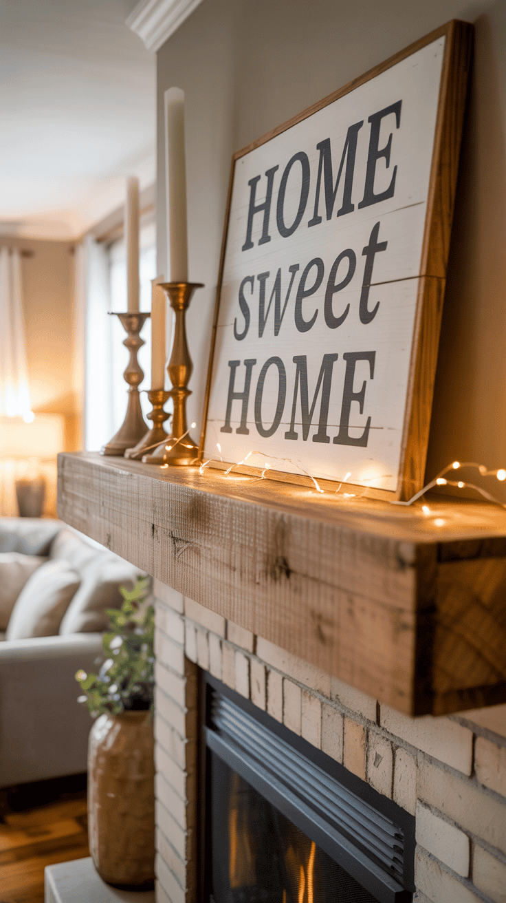 A cozy living room with a wooden mantel decorated with a "Home Sweet Home" sign, brass candlesticks, and string lights, set above a fireplace with a soft glow.
