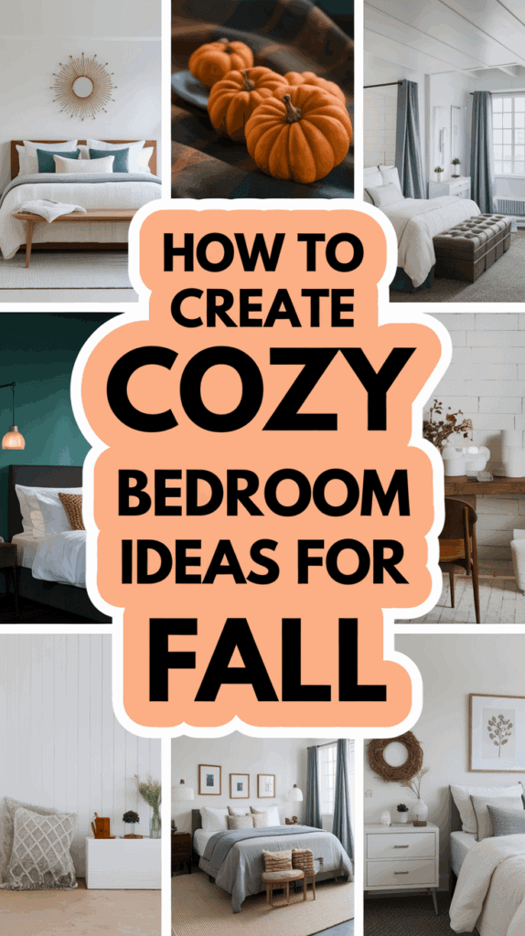 Collage of cozy bedroom decorations featuring neutral tones and autumn elements, with text reading 'How to create cozy bedroom ideas for fall.' Pumpkin and moody lighting accents are visible in some images.