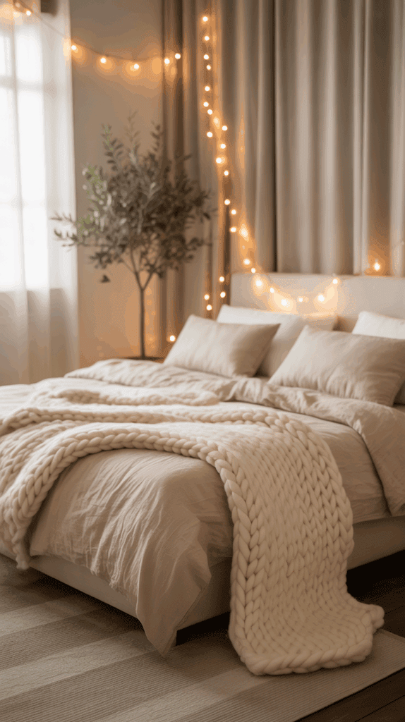 A cozy bedroom with a plush bed adorned with beige linens and a chunky knitted beige blanket, surrounded by warm string lights and a potted plant in the corner.