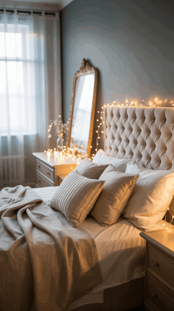 A cozy bedroom with a tufted headboard, beige bedding, and decorative cushions. The space is adorned with string lights and features a large ornate mirror leaning against the wall, creating a warm and inviting atmosphere.