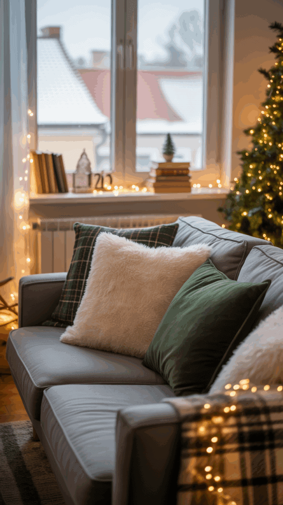A cozy living room with a gray sofa adorned with green and white plush pillows, set against a festive backdrop featuring a decorated Christmas tree and warm string lights by the window. Snow-covered rooftops are visible outside, adding to the winter ambiance.