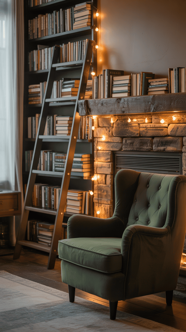 A cozy reading corner featuring a green armchair, a wooden bookshelf with a ladder, and a stone fireplace adorned with string lights.