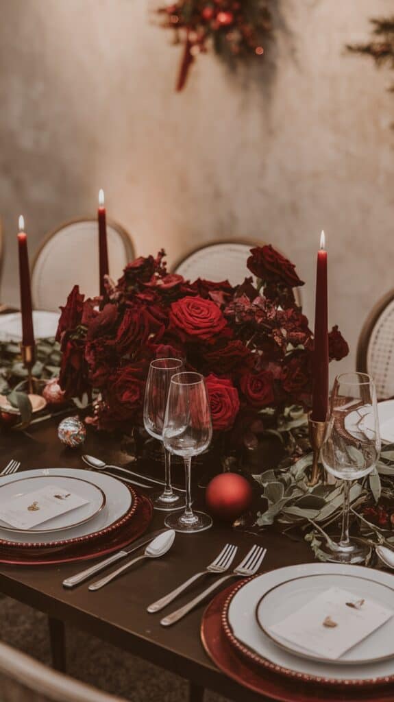 A festive dining table setting with elegant plates, cutlery, and wine glasses arranged neatly, surrounded by red roses, candles, and Christmas ornaments.
