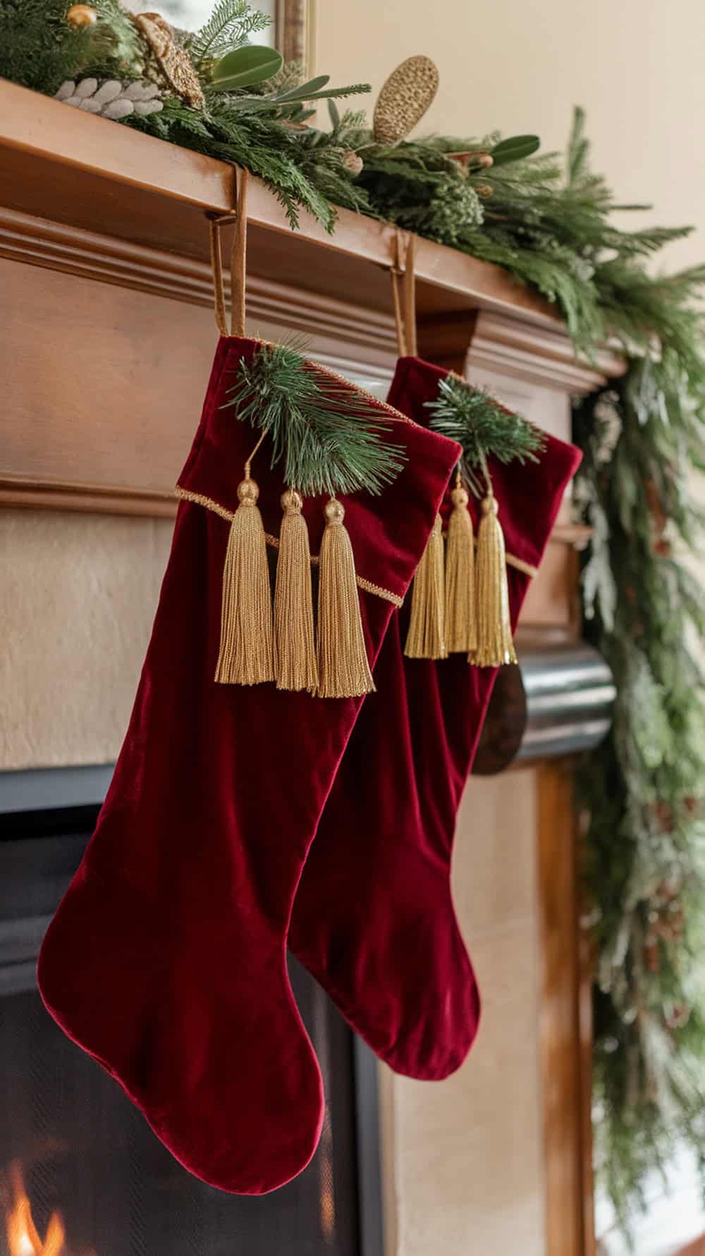 Two red velvet Christmas stockings adorned with gold tassels and greenery hang from a decorated mantel above a fireplace.