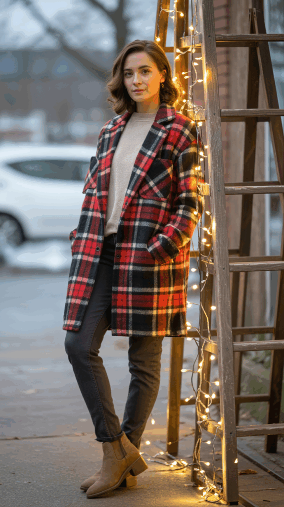 A person standing outdoors next to a wooden ladder wrapped in string lights, wearing a red plaid coat, beige sweater, dark jeans, and tan ankle boots.