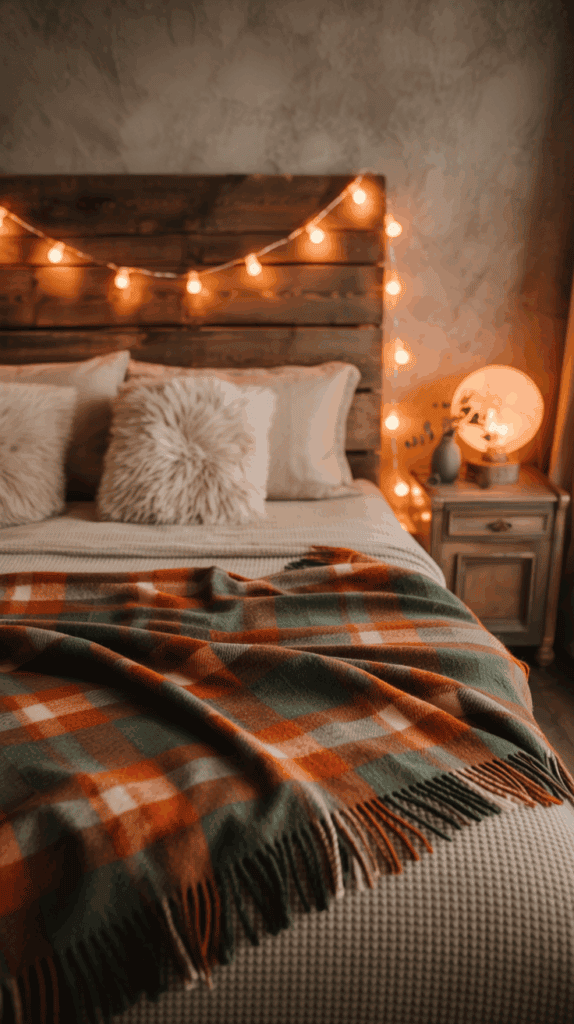 A cozy bedroom with a wooden headboard adorned with string lights, fluffy pillows, and a plaid blanket in orange and green tones on the bed.