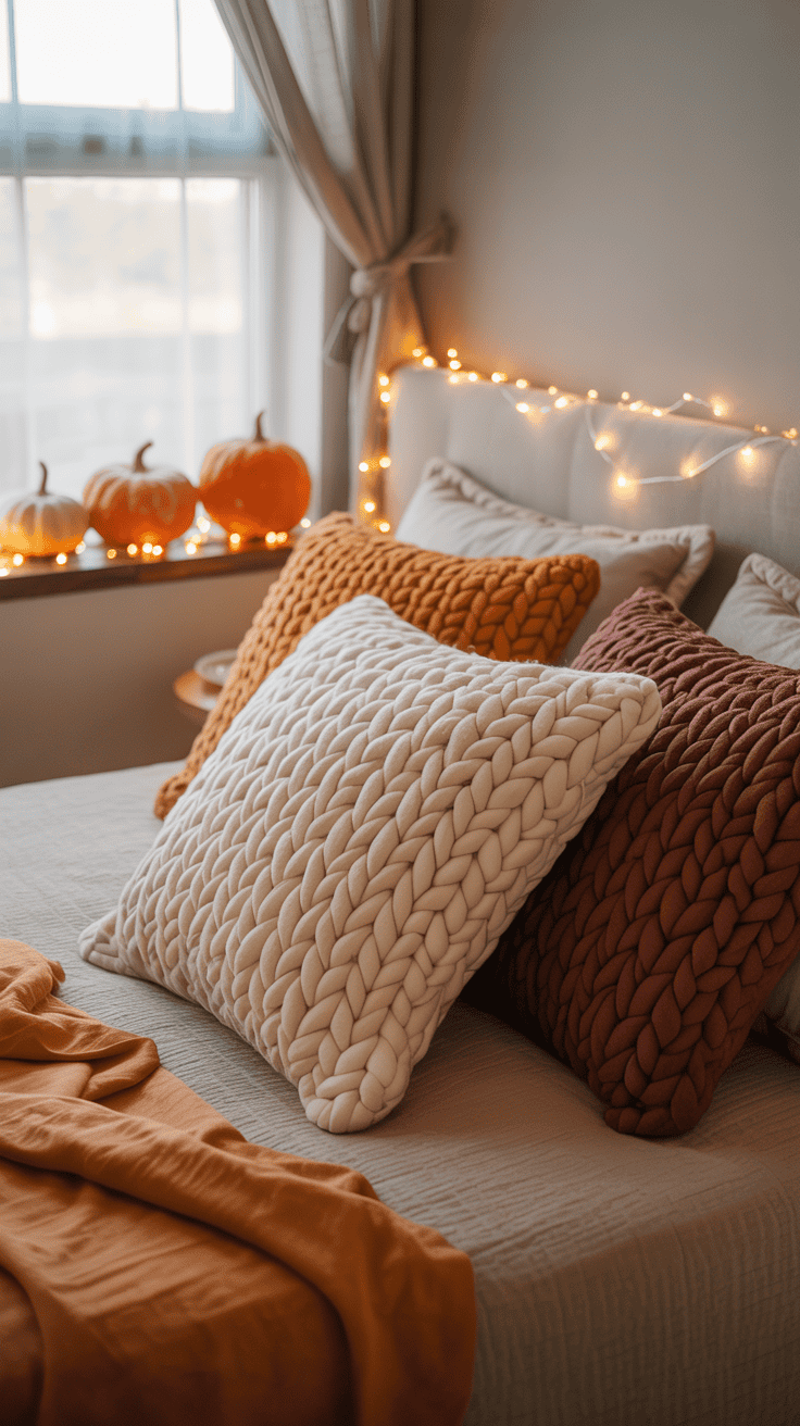 A cozy bedroom setting with a bed featuring knitted pillows in cream, orange, and burgundy. A soft orange throw blanket is draped over the bed. In the background, a windowsill displays several pumpkins, and string lights add a warm glow to the scene.