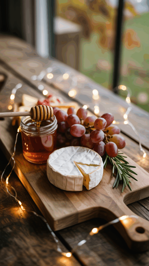 A wooden board with a wheel of brie cheese, a jar of honey with a honey dipper, red grapes, rosemary sprigs, and decorative string lights, set on a rustic table.