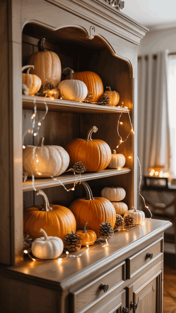 A wooden cabinet decorated with an assortment of orange and white pumpkins adorned with string lights and pinecones, creating a cozy autumn ambiance.