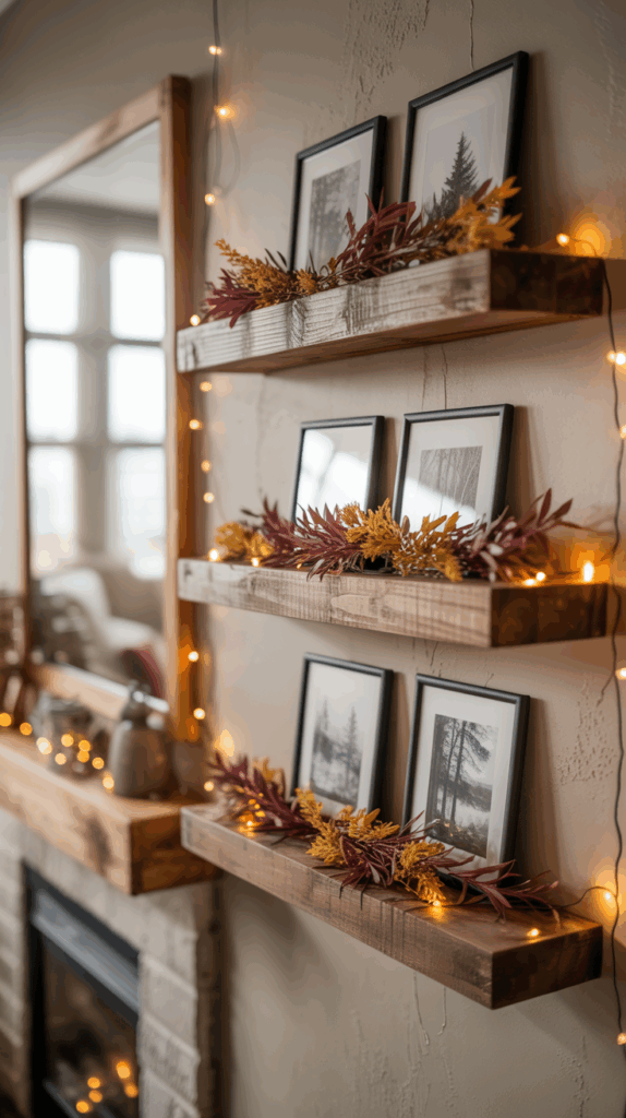 A cozy interior wall features three wooden shelves adorned with framed black-and-white photographs, autumn-themed foliage, and string lights. A large mirror and fireplace mantel decorated with similar elements are visible in the background.