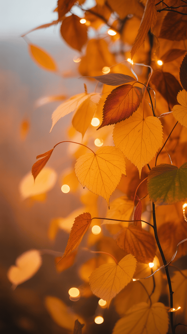 Close-up of vibrant yellow and red autumn leaves intertwined with string lights, set against a blurred, warm background.