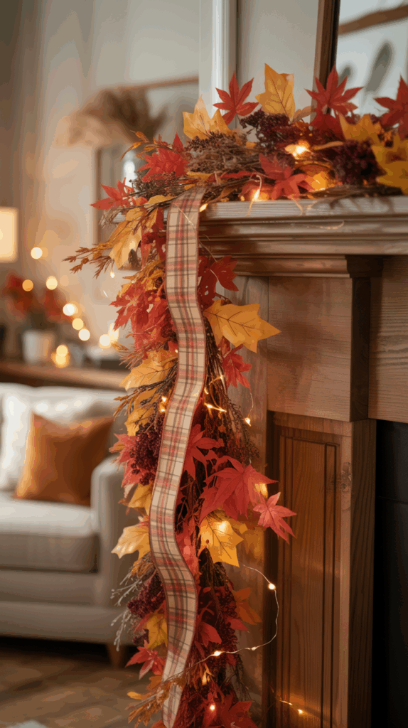 A decorative autumn garland with red and yellow leaves, berries, and a plaid ribbon draped over a wooden mantel, illuminated by small string lights in a cozy living room setting.
