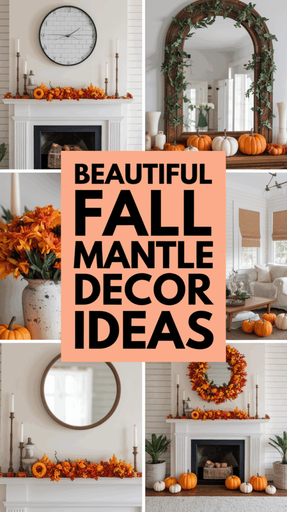 Collage of fall mantle decor ideas featuring pumpkins, candles, wreaths, and autumn foliage garlands, with a large central text box reading "Beautiful Fall Mantle Decor Ideas."