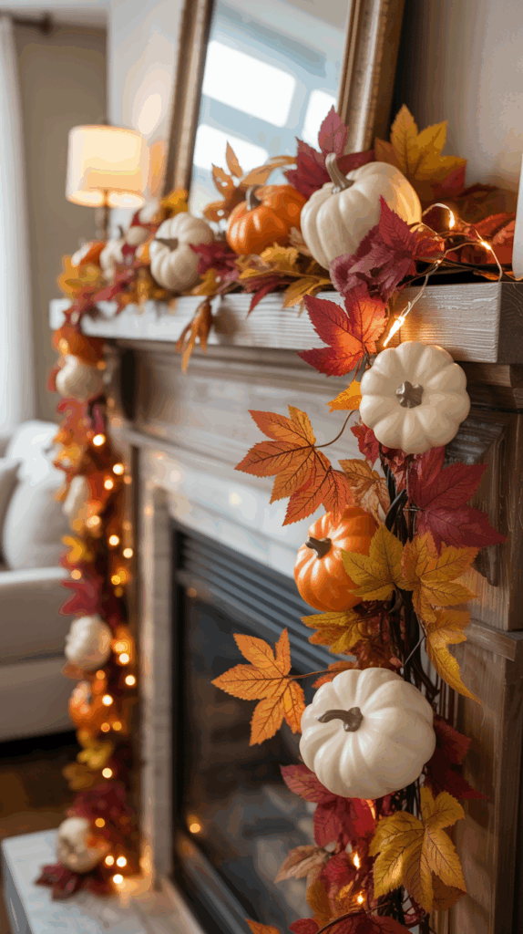 A cozy, autumn-themed fireplace mantel decorated with white and orange pumpkins, red and yellow fall leaves, and string lights.