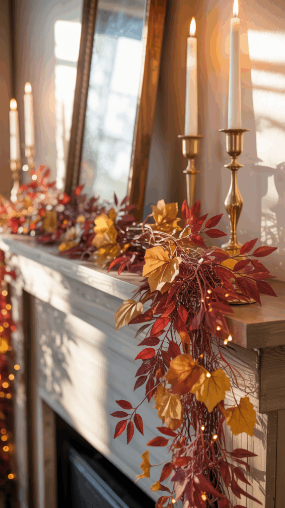 A fireplace mantel decorated with autumn-themed garland featuring red and yellow leaves, lit by small string lights. Two tall candlesticks with white candles are placed on the mantel beside a framed mirror, creating a warm and elegant atmosphere.