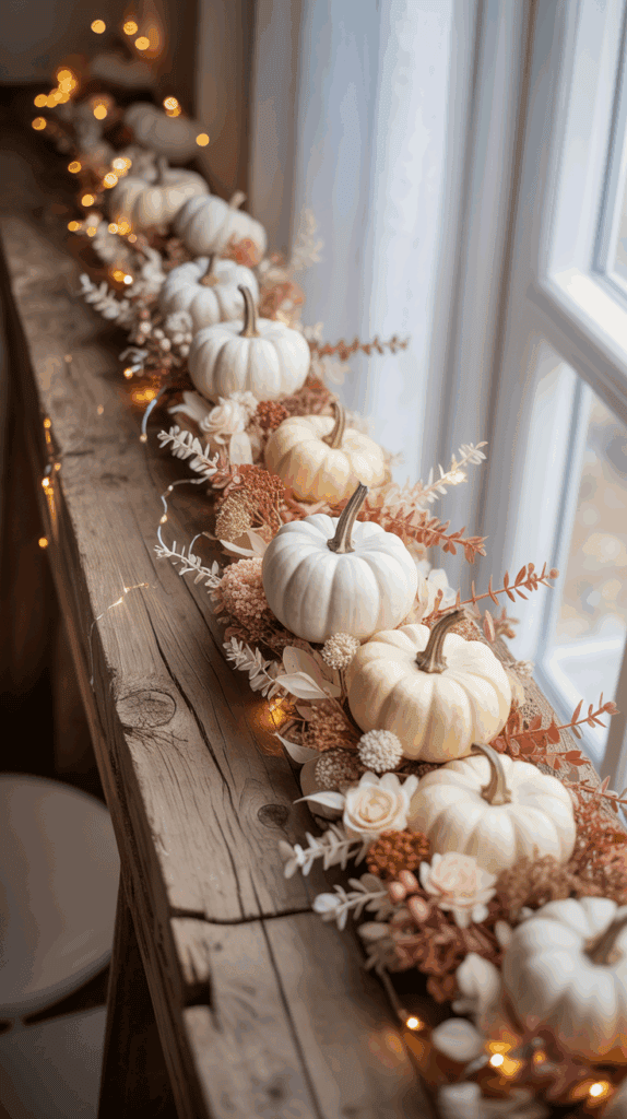 A wooden windowsill adorned with small white pumpkins, pink and beige dried flowers, and warm yellow string lights, creating a cozy autumnal display.