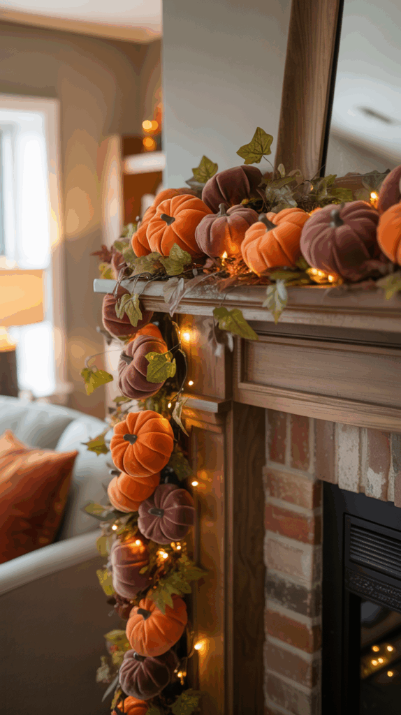 A cozy fireplace mantel decorated with a garland of orange and purple velvet pumpkins, green leaves, and warm string lights in a living room setting.
