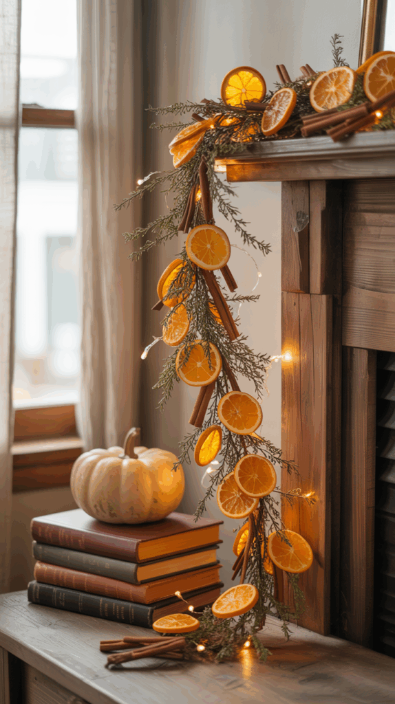 A decorative garland made of dried orange slices, cinnamon sticks, and evergreen branches draped over a wooden mantel, adorned with string lights. Below the mantel, a white pumpkin sits atop a stack of vintage books, creating a cozy, autumnal setting by a window with sheer curtains.
