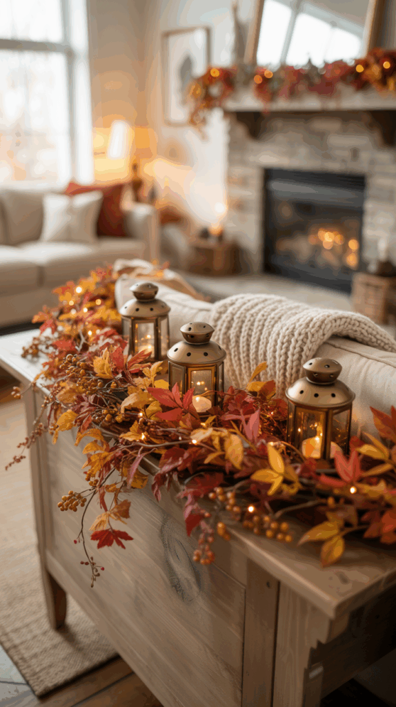 A cozy living room decorated with autumn-themed garlands and lanterns on a wooden table, with a fireplace in the background.