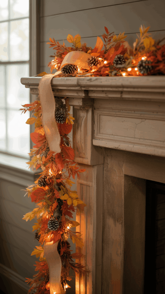 A fireplace mantel decorated with autumn-themed garland featuring orange and yellow leaves, pine cones, and a beige ribbon, intertwined with warm white fairy lights.