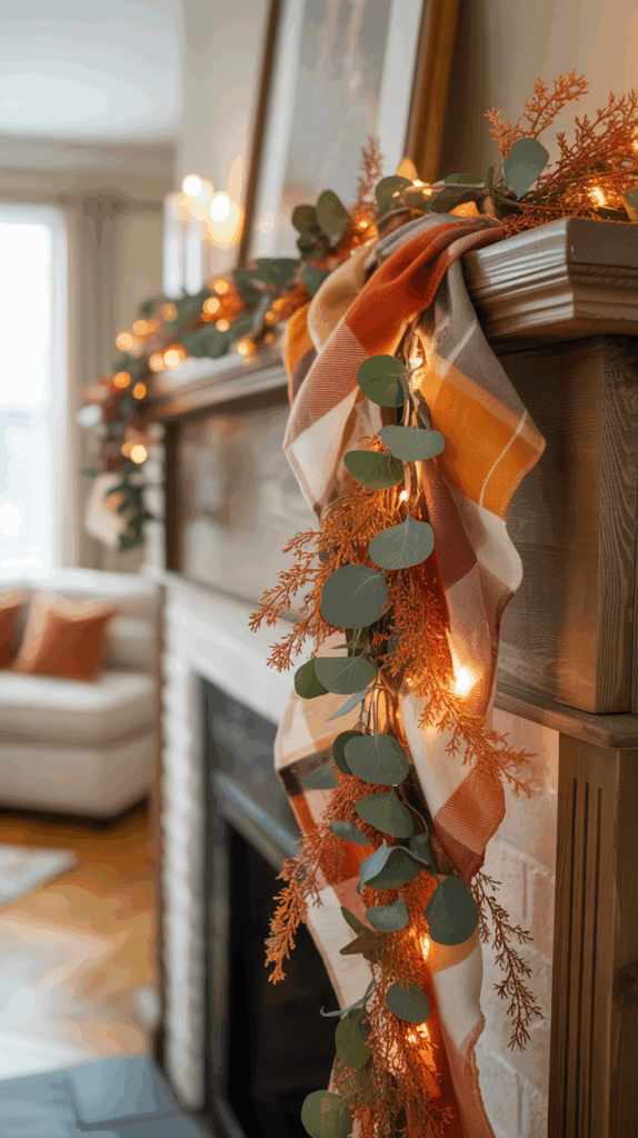 A close-up of a wooden fireplace mantle decorated with an autumn-themed garland featuring orange and brown fabric draped with green eucalyptus leaves, orange foliage, and warm string lights, with candles in the background.