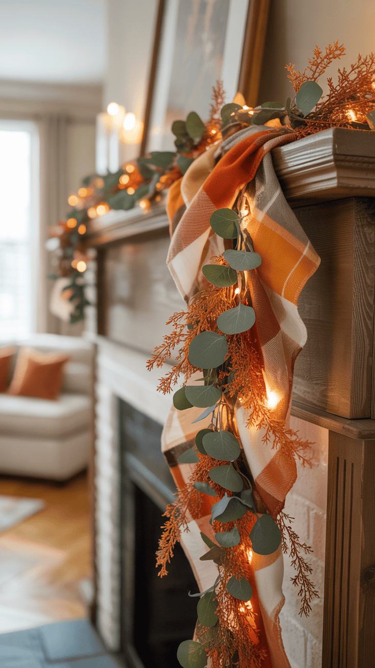 A close-up of a wooden fireplace mantle decorated with an autumn-themed garland featuring orange and brown fabric draped with green eucalyptus leaves, orange foliage, and warm string lights, with candles in the background.