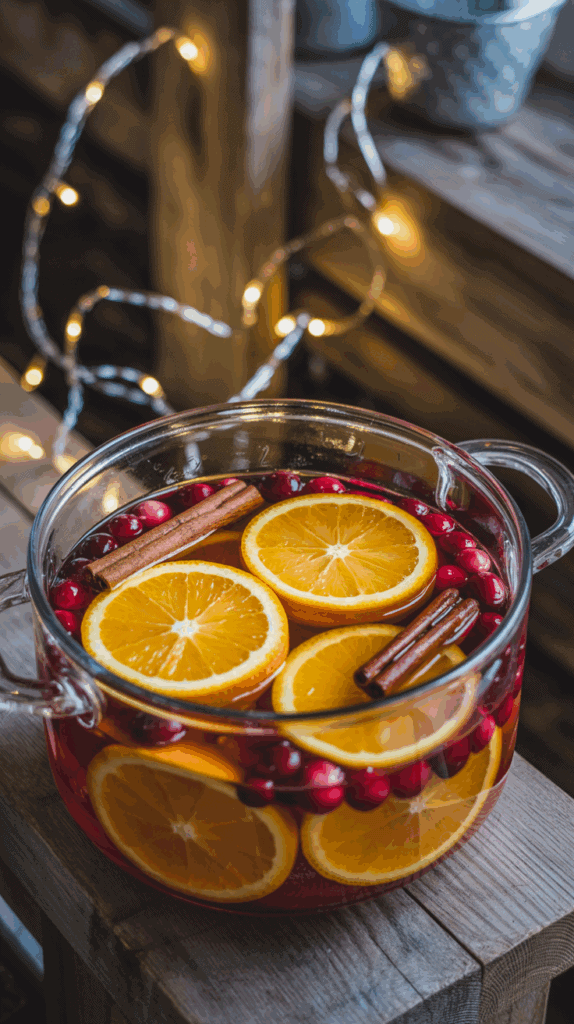 A glass pot filled with a festive beverage containing orange slices, cranberries, and cinnamon sticks, set on a wooden surface with string lights in the background.