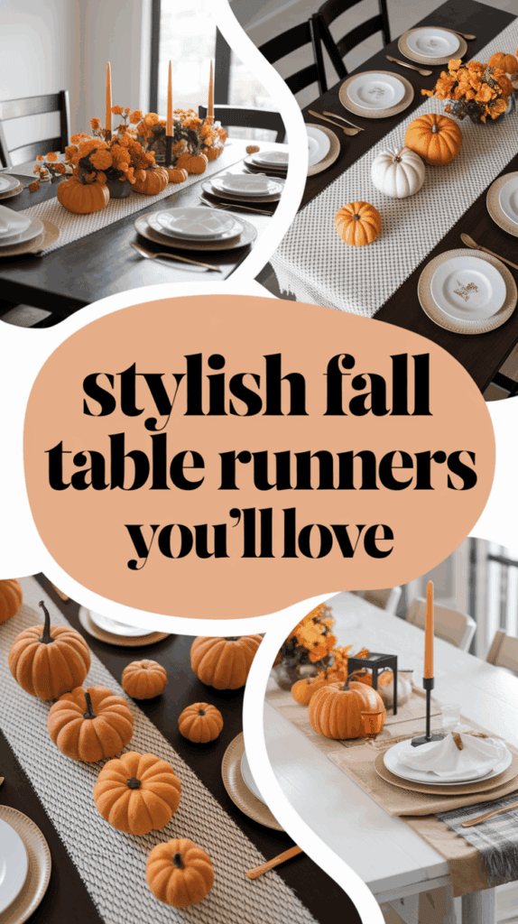 A collage of fall-themed table settings with pumpkins and candles, featuring text that reads 'stylish fall table runners you’ll love.' Each table showcases a different runner style with autumnal decorations.