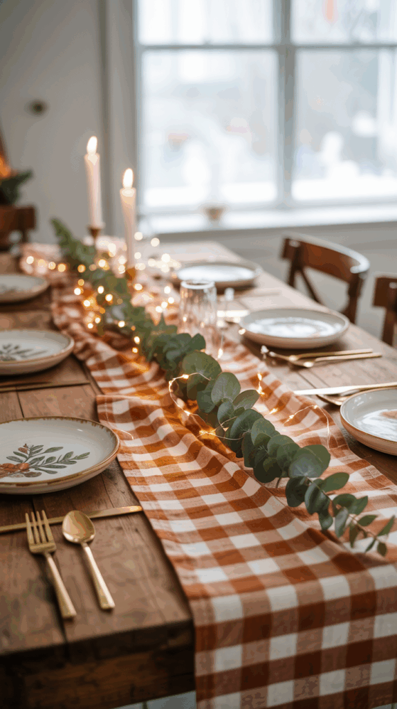 A dining table set with gold cutlery, patterned plates, and a brown-and-white checkered table runner topped with eucalyptus leaves and string lights, accompanied by lit candles in the background.