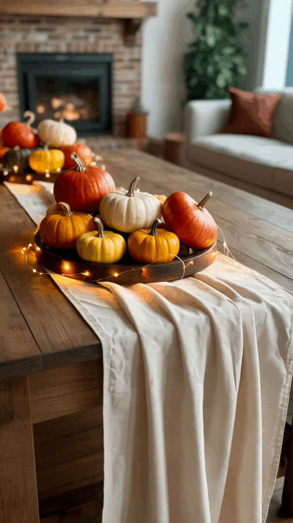A wooden table decorated with small pumpkins in orange, white, and yellow, set on a tray wrapped with string lights. A white table runner drapes across the surface, with a cozy fire burning in a brick fireplace in the background.