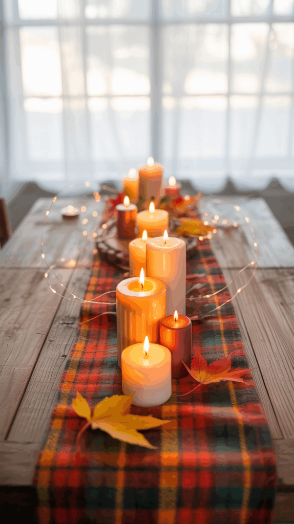 A wooden table decorated with a plaid table runner, several lit candles of varying sizes and colors, and scattered autumn leaves, set near a window with sheer curtains.