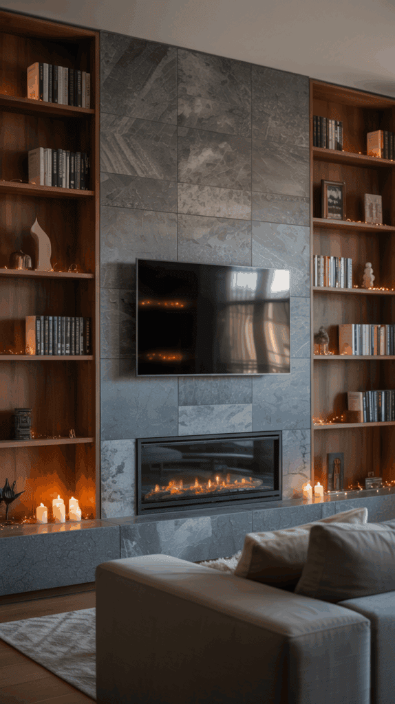 Modern living room with a stone tile wall featuring a flat-screen TV mounted above a sleek electric fireplace. The wall is flanked by wooden bookshelves containing various books and decorative items. Lit candles and fairy lights add a cozy ambiance to the room, complemented by a comfortable sofa in front of the fireplace.