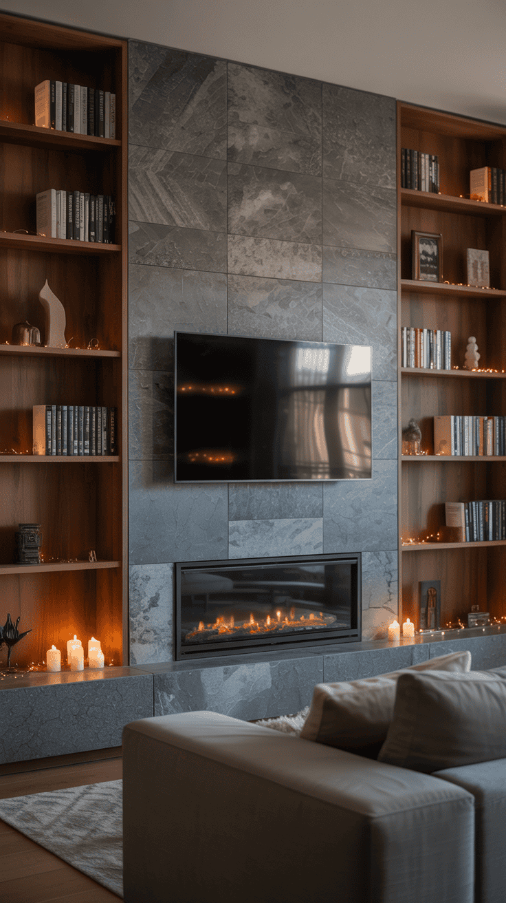 Modern living room with a stone tile wall featuring a flat-screen TV mounted above a sleek electric fireplace. The wall is flanked by wooden bookshelves containing various books and decorative items. Lit candles and fairy lights add a cozy ambiance to the room, complemented by a comfortable sofa in front of the fireplace.