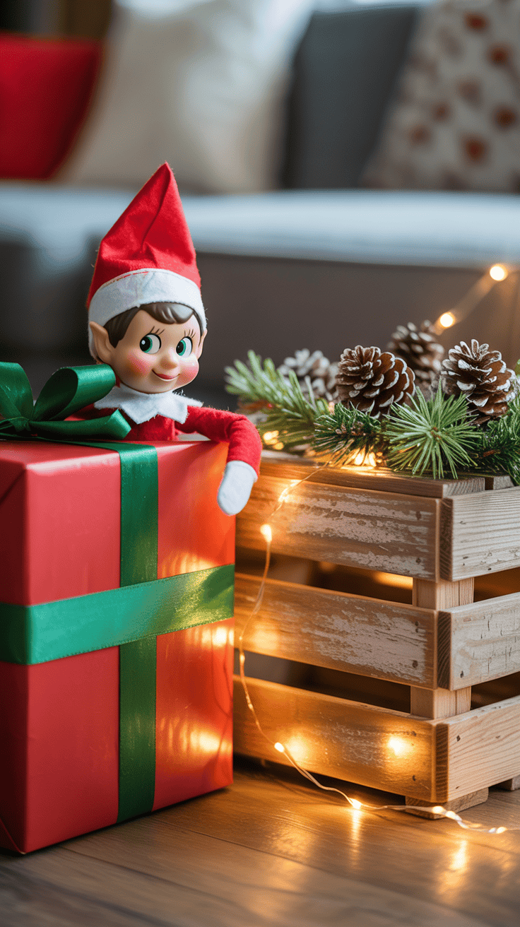 A festive scene featuring a small elf doll sitting on a red gift box wrapped with a green ribbon, next to a wooden crate decorated with pinecones, greenery, and warm string lights.