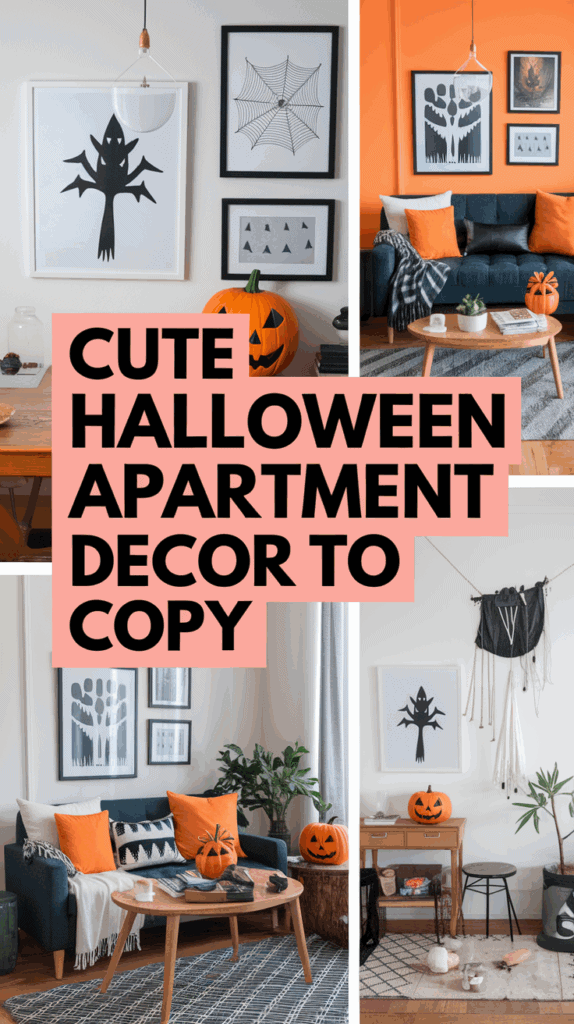 Collage of Halloween-themed apartment decor with pumpkins, black and orange pillows, framed art of bats and spider webs, and cozy living room settings. Bold text overlay reads 'Cute Halloween Apartment Decor to Copy.'