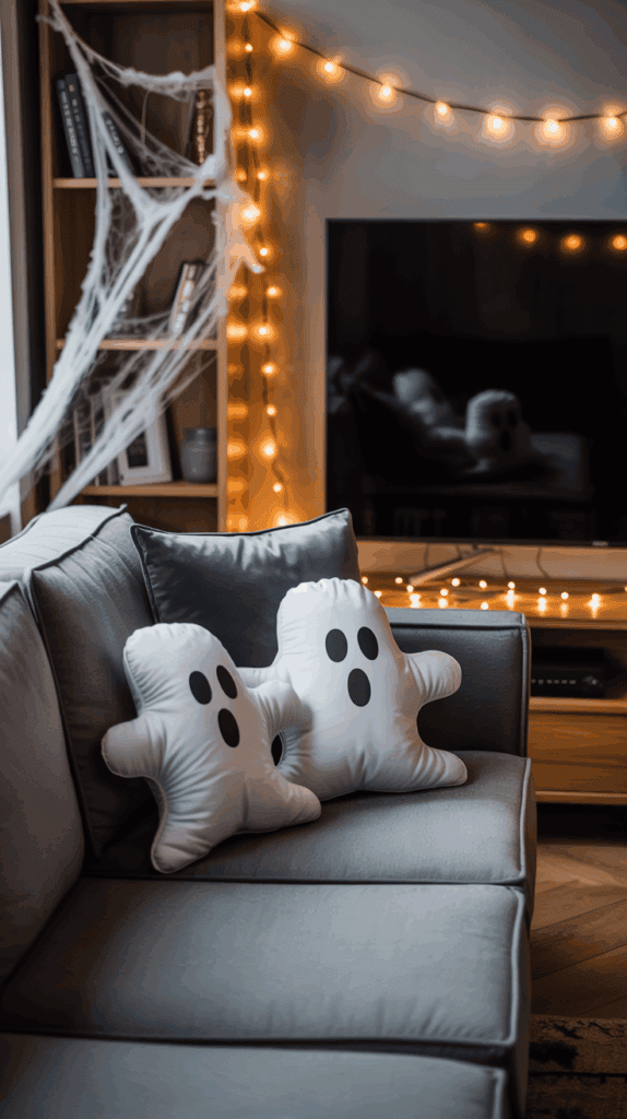 A cozy living room decorated for Halloween with two ghost-shaped pillows on a gray sofa, soft orange string lights, and cobwebs adorning a bookshelf next to a television set.