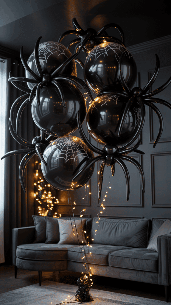 A cluster of large, black balloon spiders with web designs is illuminated by string lights in a dimly lit room with a grey couch in the background. The decorations create a spooky Halloween atmosphere.