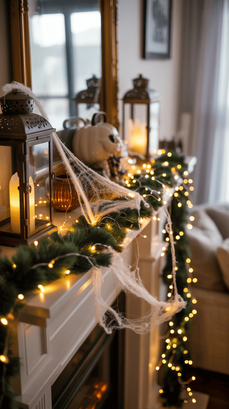 A cozy fireplace mantel decorated for Halloween and autumn, featuring a garland of evergreen branches accented with warm white fairy lights. There are decorative lanterns with candles, a white pumpkin with a skull design, and faux spider webs draped over the mantel.