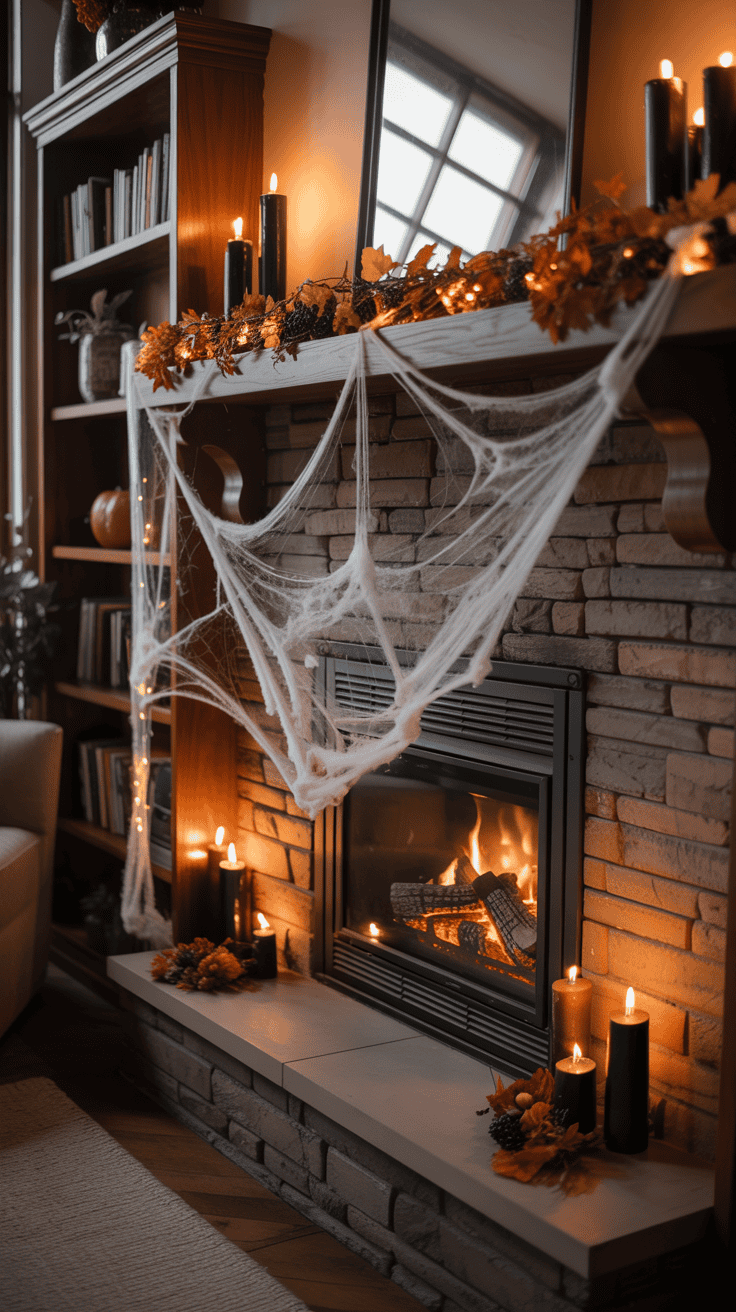 A cozy fireplace with a stone facade decorated for Halloween, featuring black candles, autumn leaves, and spider webs on the mantel, with a warm fire burning below.