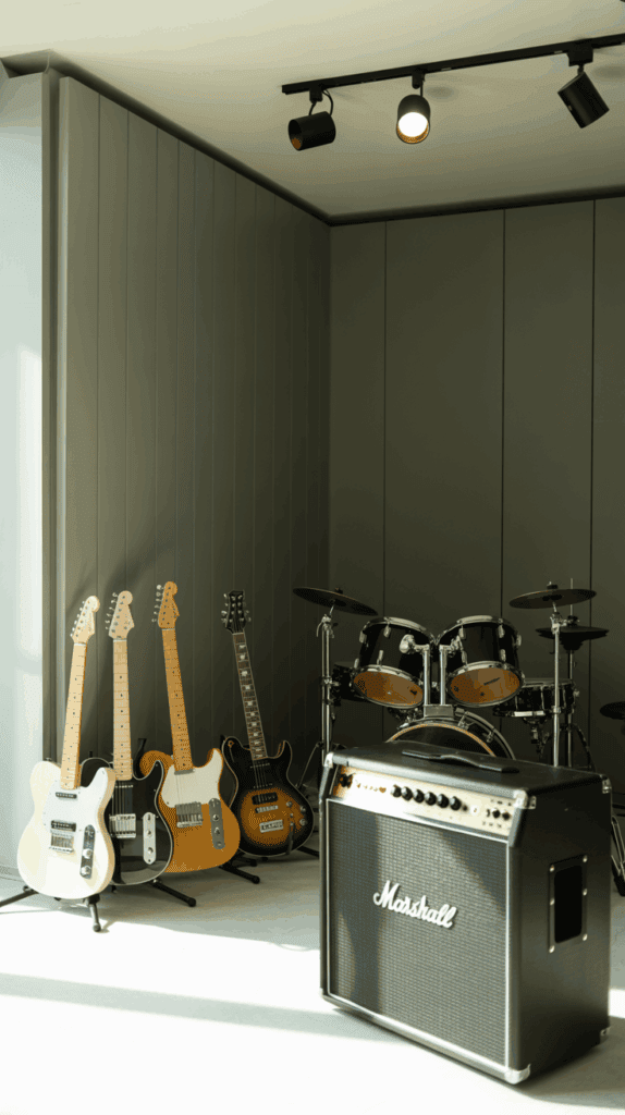 A room with four electric guitars on stands, a drum set, and a Marshall amplifier.