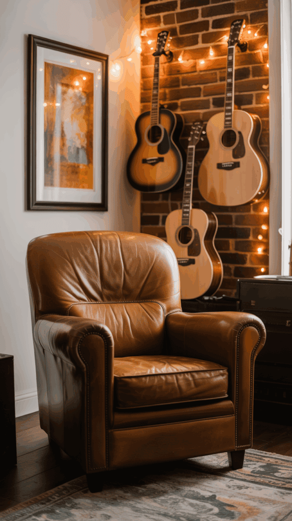 A cozy room with a brown leather armchair, a framed abstract painting on the wall, and three guitars hanging on a brick wall adorned with string lights.
