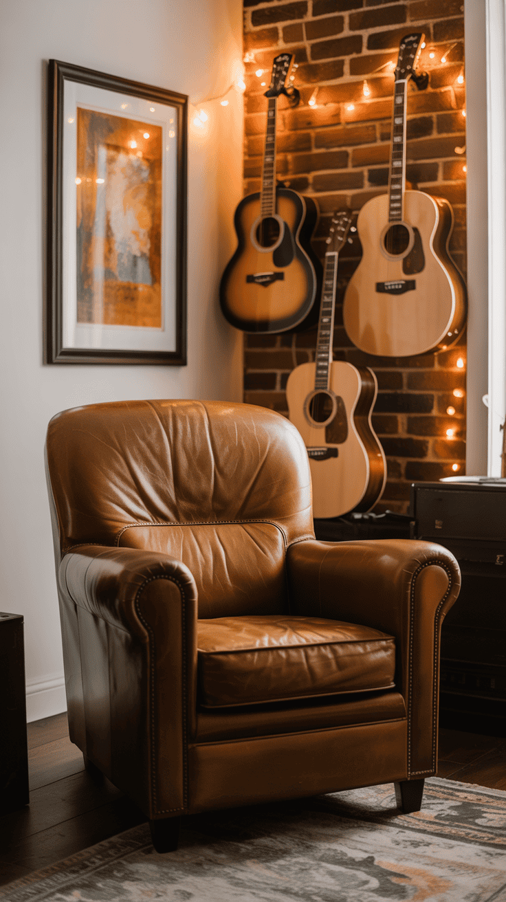 A cozy room with a brown leather armchair, a framed abstract painting on the wall, and three guitars hanging on a brick wall adorned with string lights.