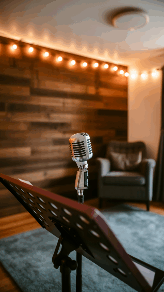 A vintage-style microphone stands in a cozy room with a wooden accent wall, string lights, and a comfortable armchair in the background.
