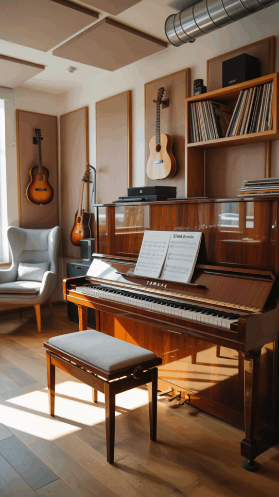 A cozy music room featuring a Yamaha upright piano with a sheet of music on the stand, a cushioned bench, several guitars hanging on the wall, and shelves with vinyl records. Sunlight streams in from a window, illuminating the wooden floor and a comfortable armchair in the corner.