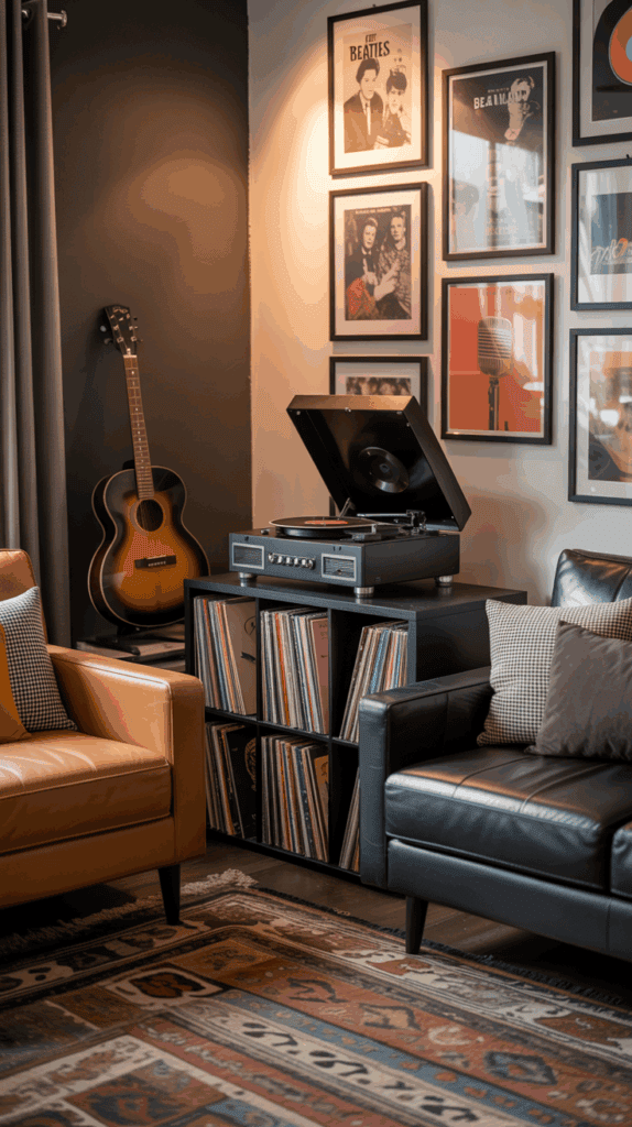 A cozy living room corner featuring a wall with framed music-themed posters, an acoustic guitar leaning against the wall, a record player on a cabinet filled with vinyl records, two chairs, and a patterned rug on the floor.