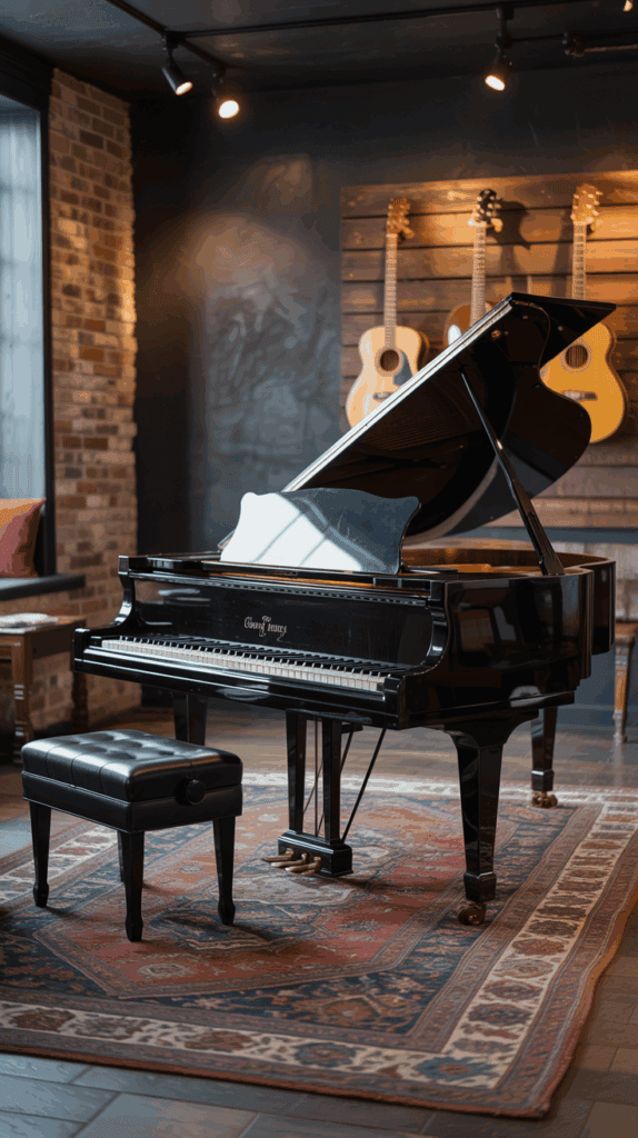 A grand piano with an open lid, accompanied by a black padded bench, placed on an ornate red and beige rug in a music room with brick walls and acoustic guitars hanging on a wooden backdrop.